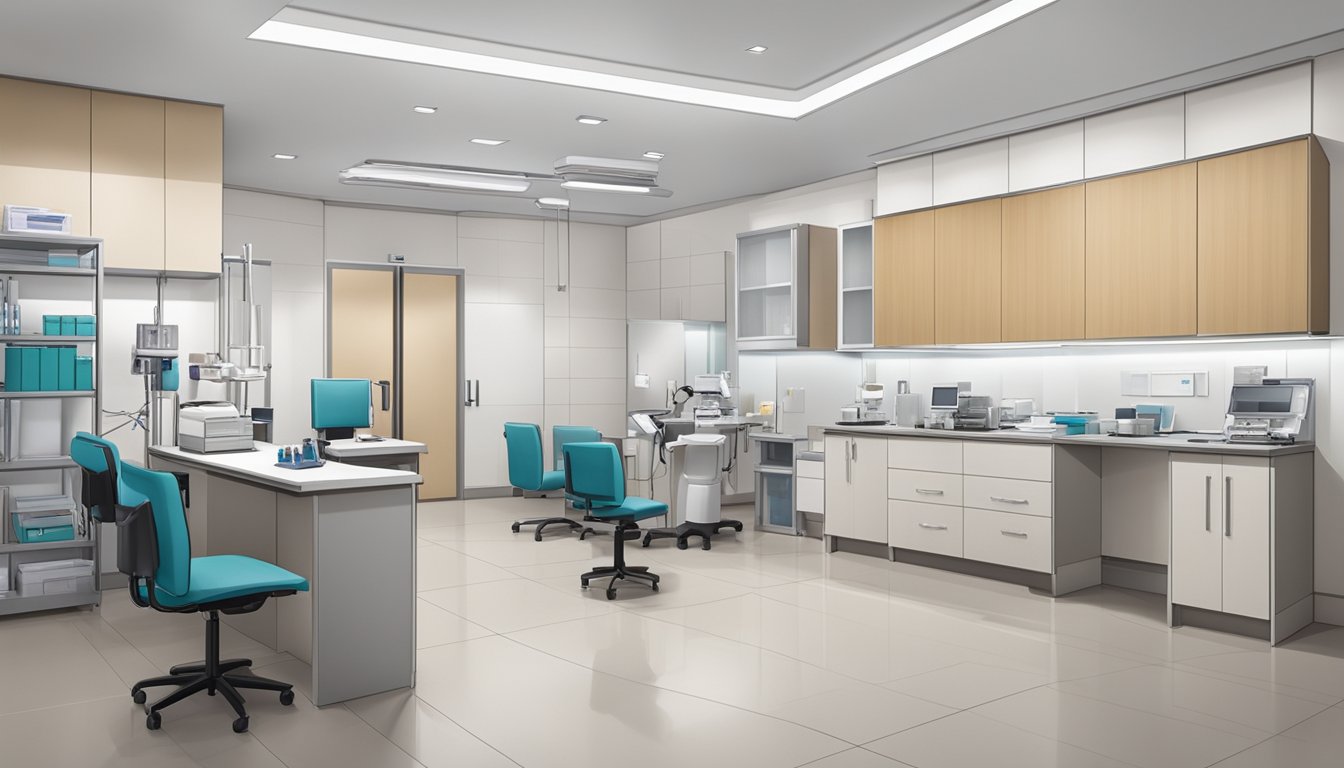 A modern, well-equipped cardiologist's clinic in Tan Tock Seng Hospital, Singapore. Clean, organized, with medical equipment and furniture