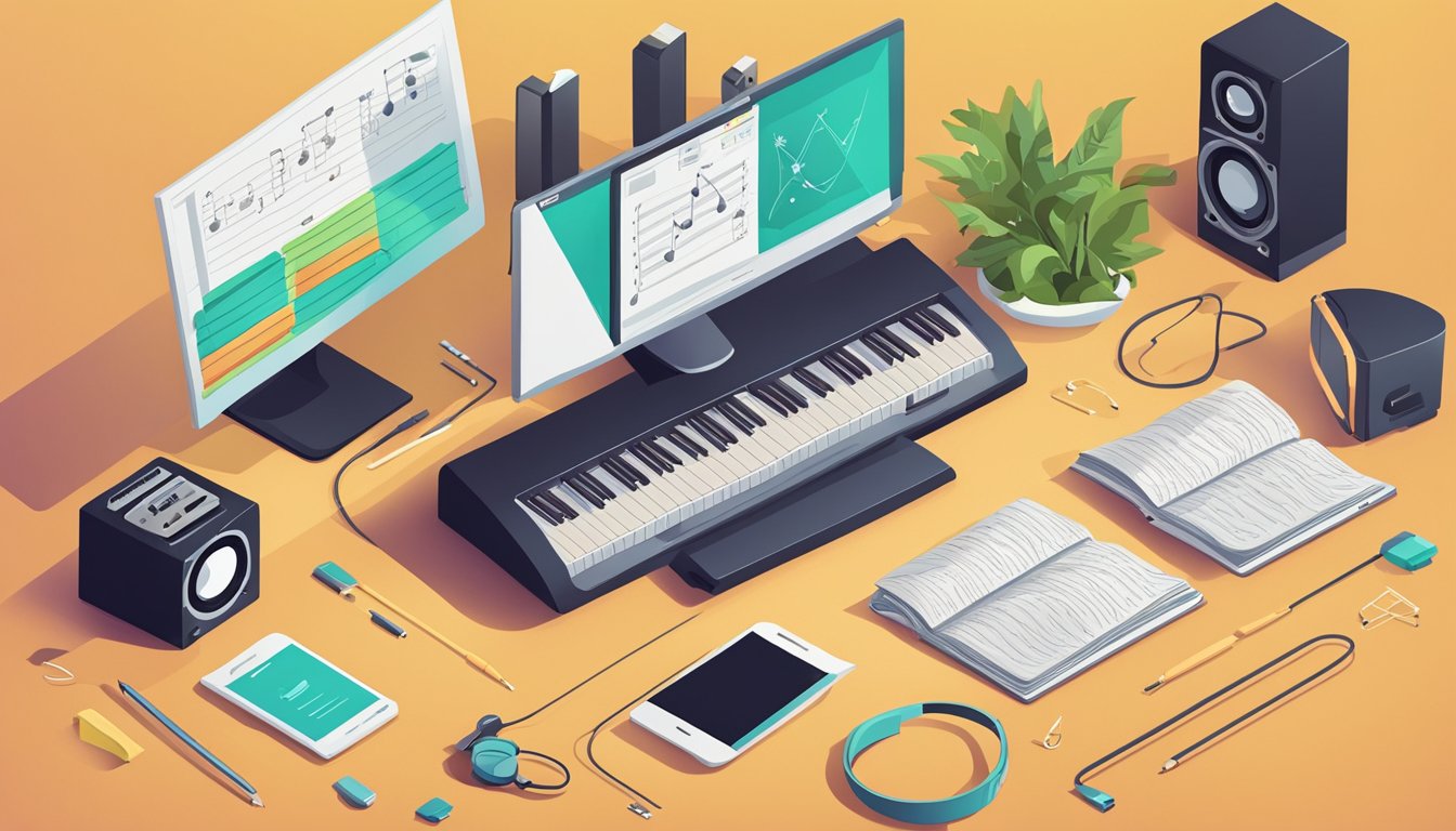 A desk with a computer displaying "Yoast SEO 8 Best SEO Tools for Music Teachers" surrounded by musical instruments and sheet music