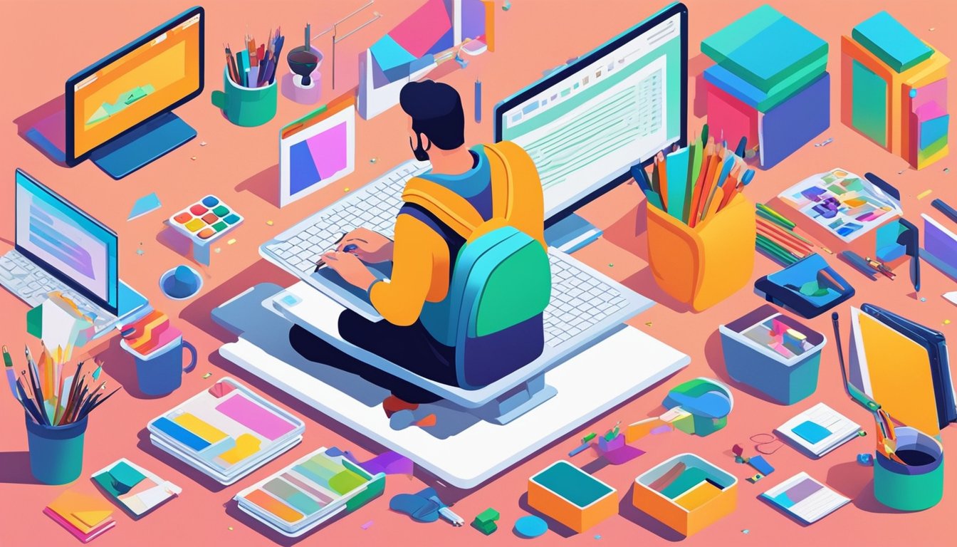 An artist sits at a desk surrounded by colorful art supplies, typing on a laptop.</p><p>On the screen, five keyword research tools are displayed, with their logos and features highlighted