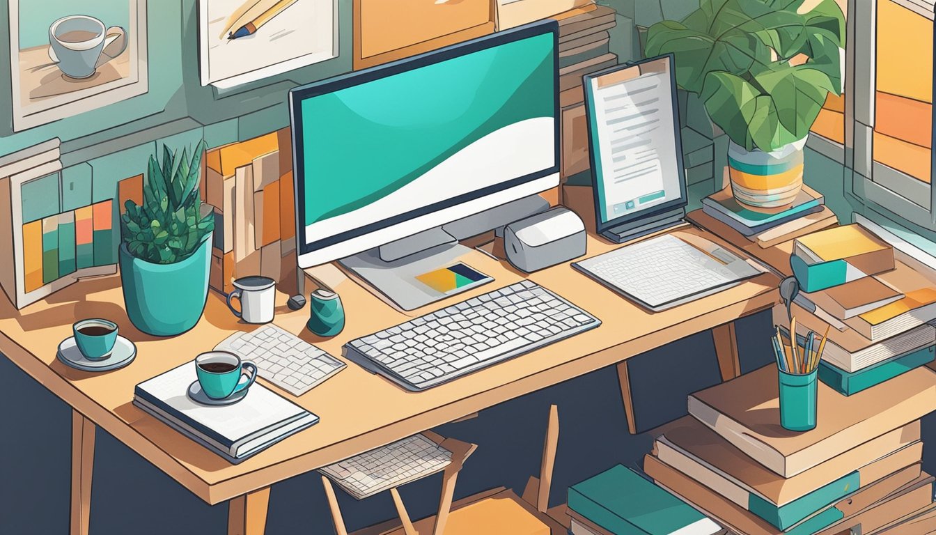 A desk with a computer, notebook, and pen.</p><p>On the screen, keyword research tools for art bloggers are displayed.</p><p>A stack of art books and a cup of coffee sit nearby