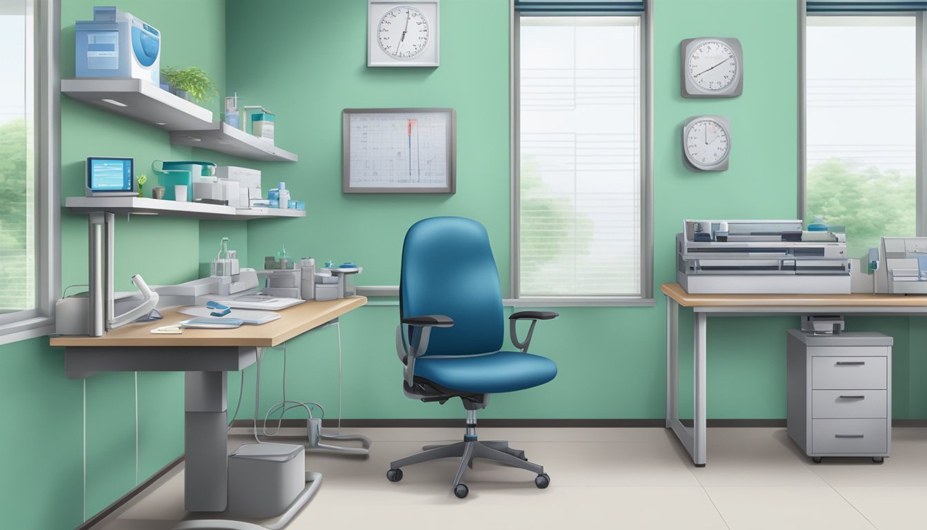 A cardiologist's office at Tan Tock Seng Hospital, with medical equipment and a desk