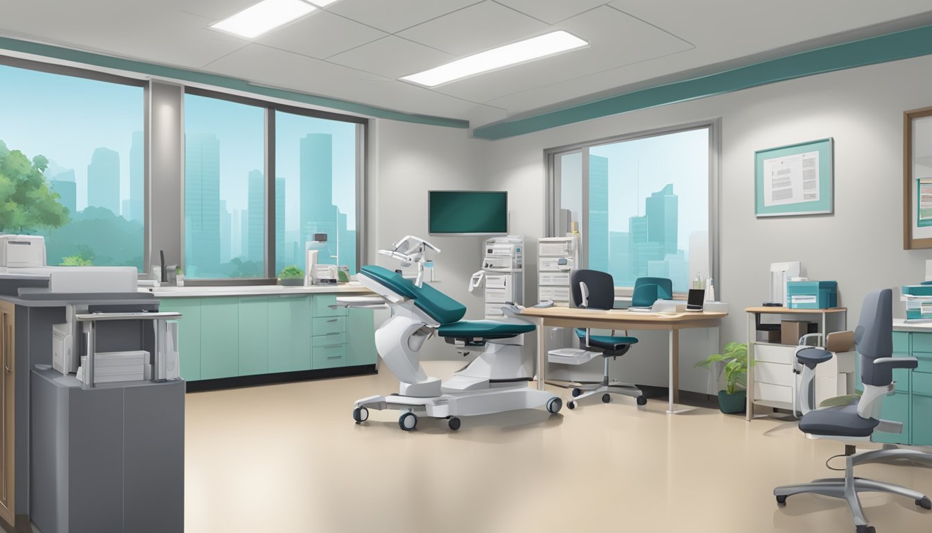 A cardiologist's office at Tan Tock Seng Hospital, with medical equipment and a desk, representing Dr. Tan Wee Kian Kenny's services