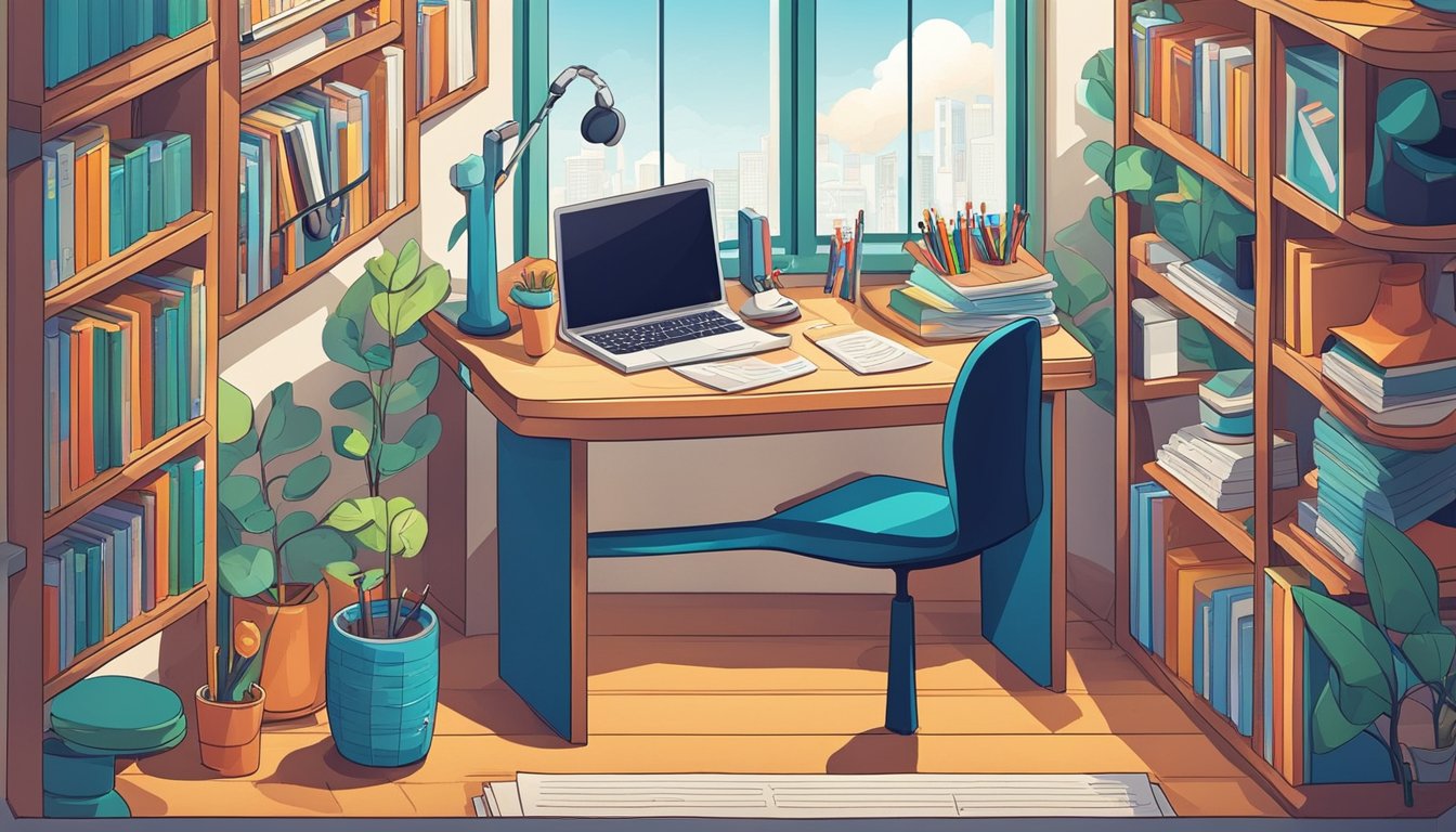 A desk with a computer, headphones, sheet music, and a pencil.</p><p>A bookshelf filled with SEO tools and resources.</p><p>A window with a view of musical instruments