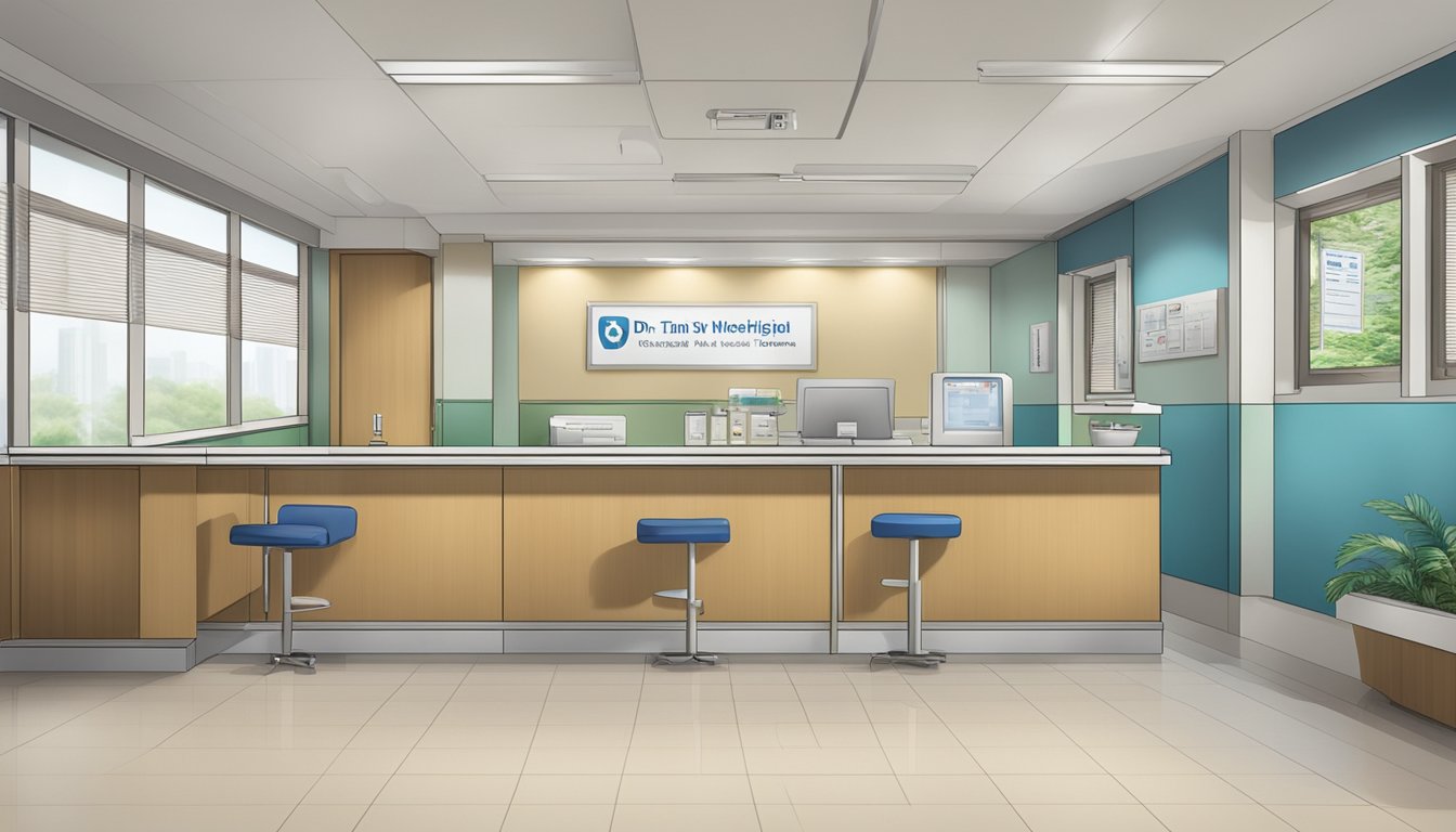 A modern hospital clinic with signage "Clinic 3A – Tan Tock Seng Hospital" and a nameplate "Dr Tan Wee Kian Kenny - Cardiologist"