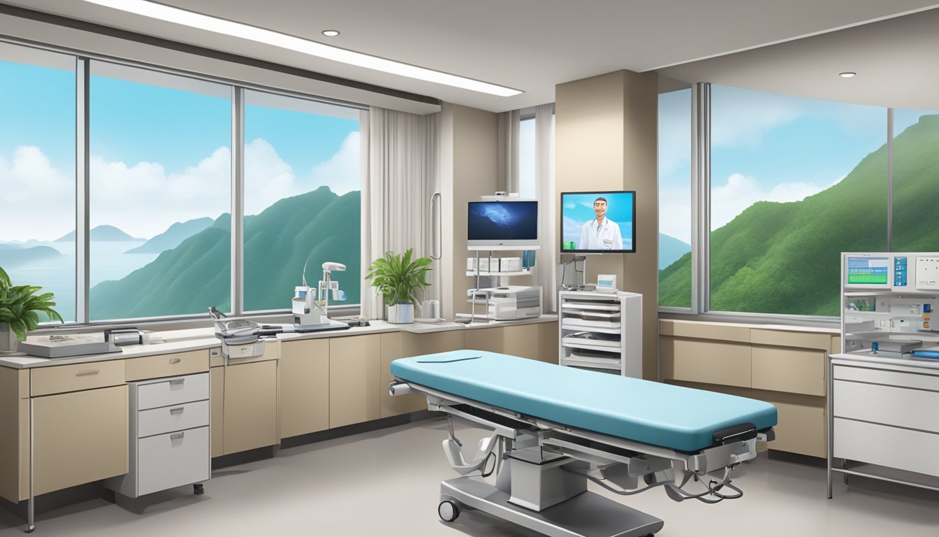 A modern clinic room with medical equipment and a view of the Dr Li Ki Fung Cliff at Tan Tock Seng Hospital