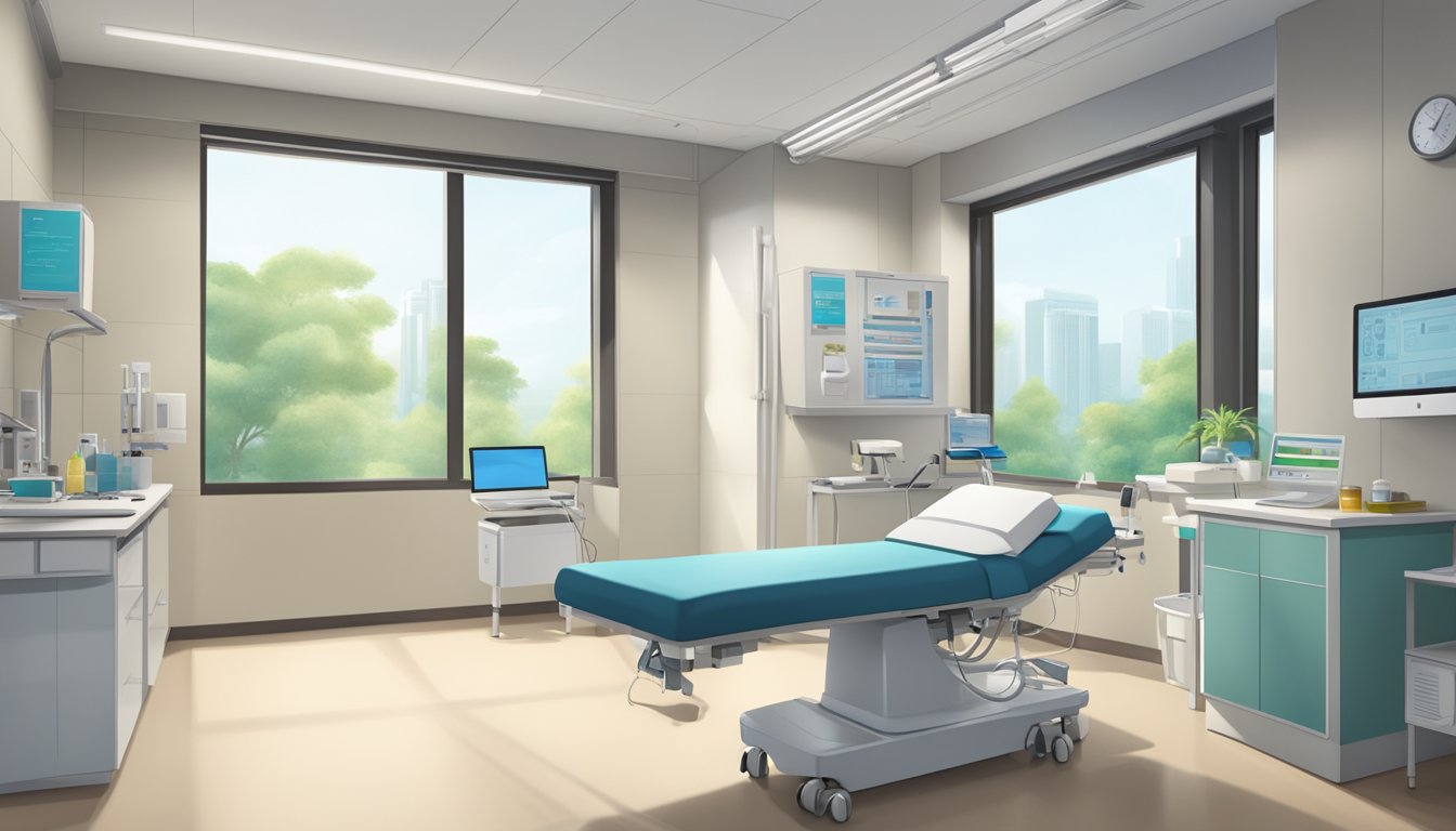 A modern, well-lit clinic room with medical equipment and a desk. The room has a calming atmosphere and is labeled "Clinic 3A - Tan Tock Seng Hospital."