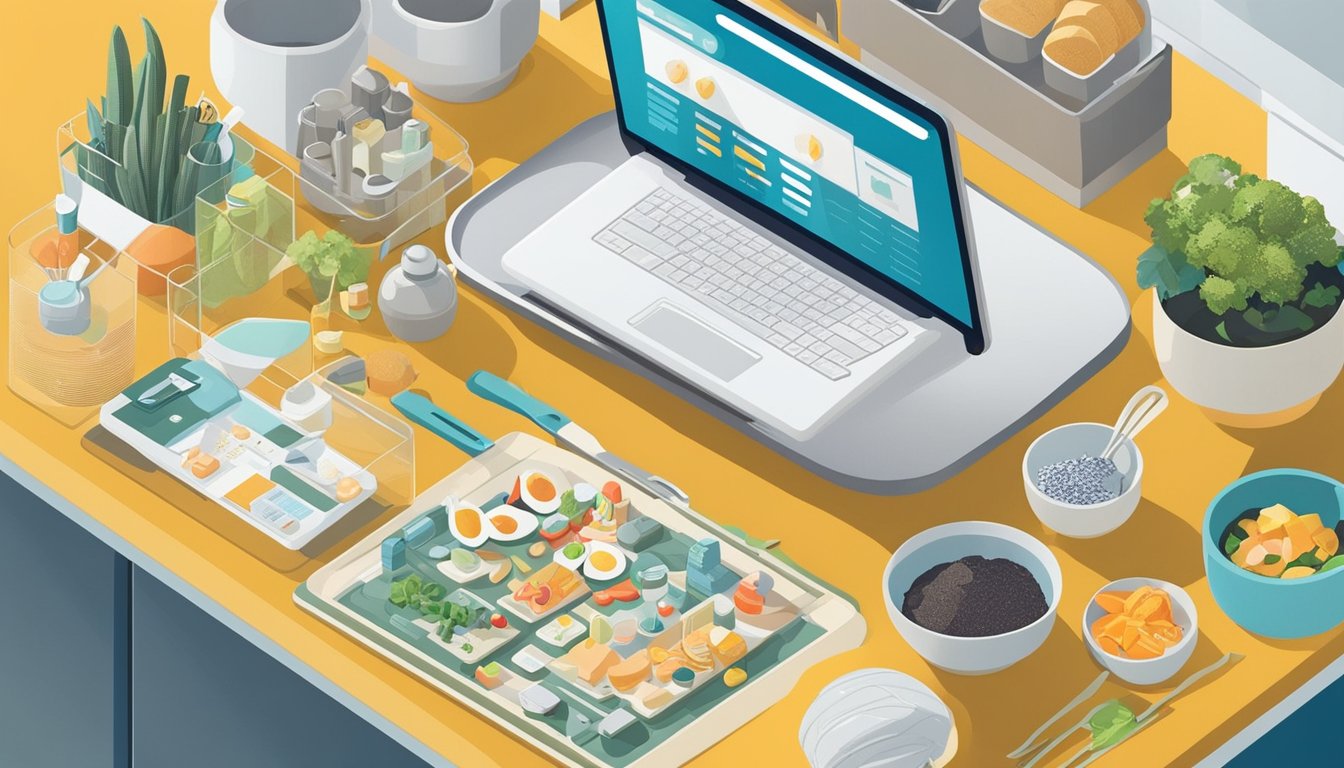 A kitchen counter with a laptop open to SEMrush keyword research tools, surrounded by cooking utensils and ingredients