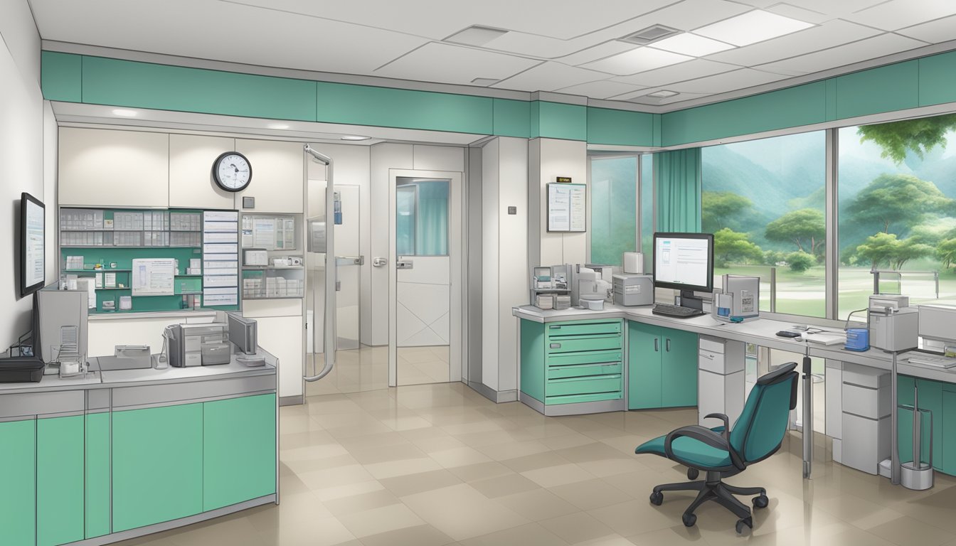 A doctor's clinic at Tan Tock Seng Hospital, with contact information and operating hours displayed
