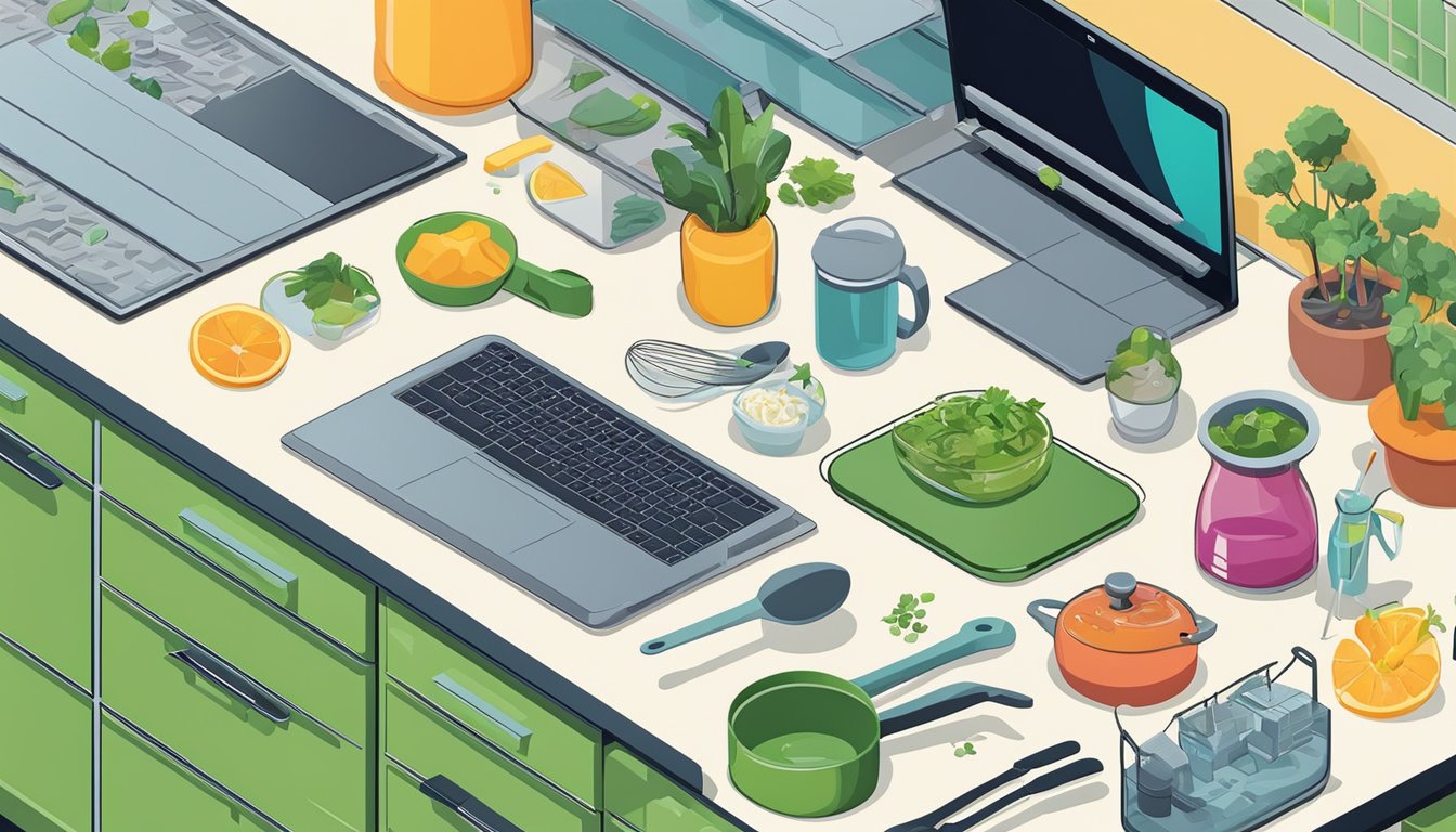 A kitchen counter with a laptop open to KeywordTool.io and various cooking utensils and ingredients scattered around