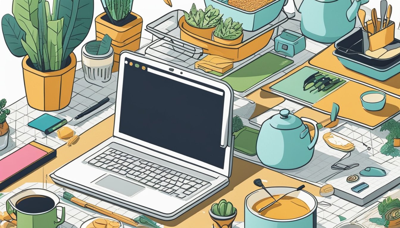 A kitchen counter with a laptop open to "Moz Keyword Explorer" and various cooking utensils scattered around, with a notepad and pen for jotting down keyword research findings