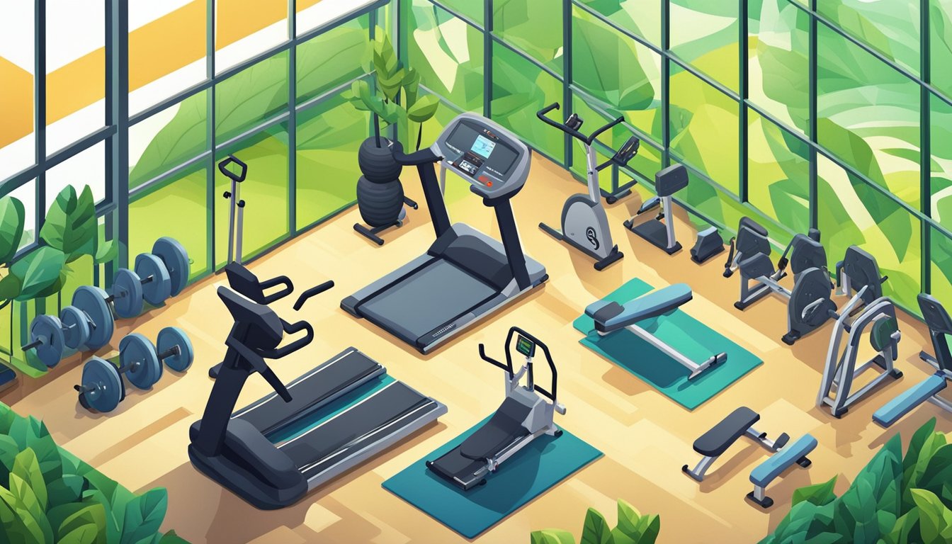 A gym with various fitness equipment neatly arranged, surrounded by vibrant greenery and natural light streaming in through large windows