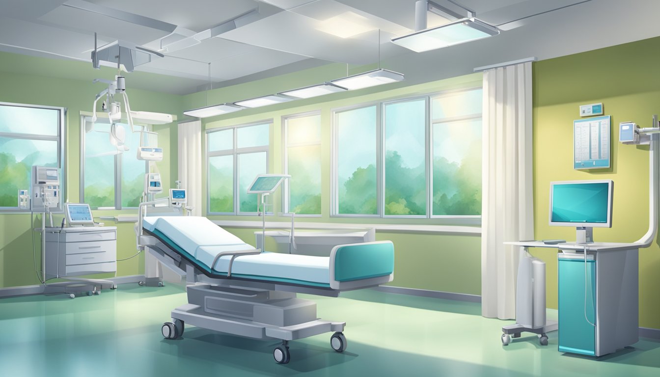 A modern hospital room with advanced medical equipment and a serene ambiance. The room is well-lit with a comfortable and welcoming atmosphere