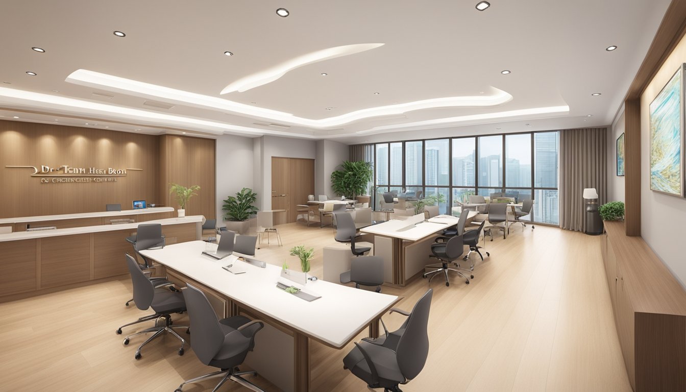An elegant, modern heart center with a sleek, professional atmosphere. A prominent sign displays "Dr Tan Boon Yew - Prime Heart Centre @ Orchard | SG Cardiologist."