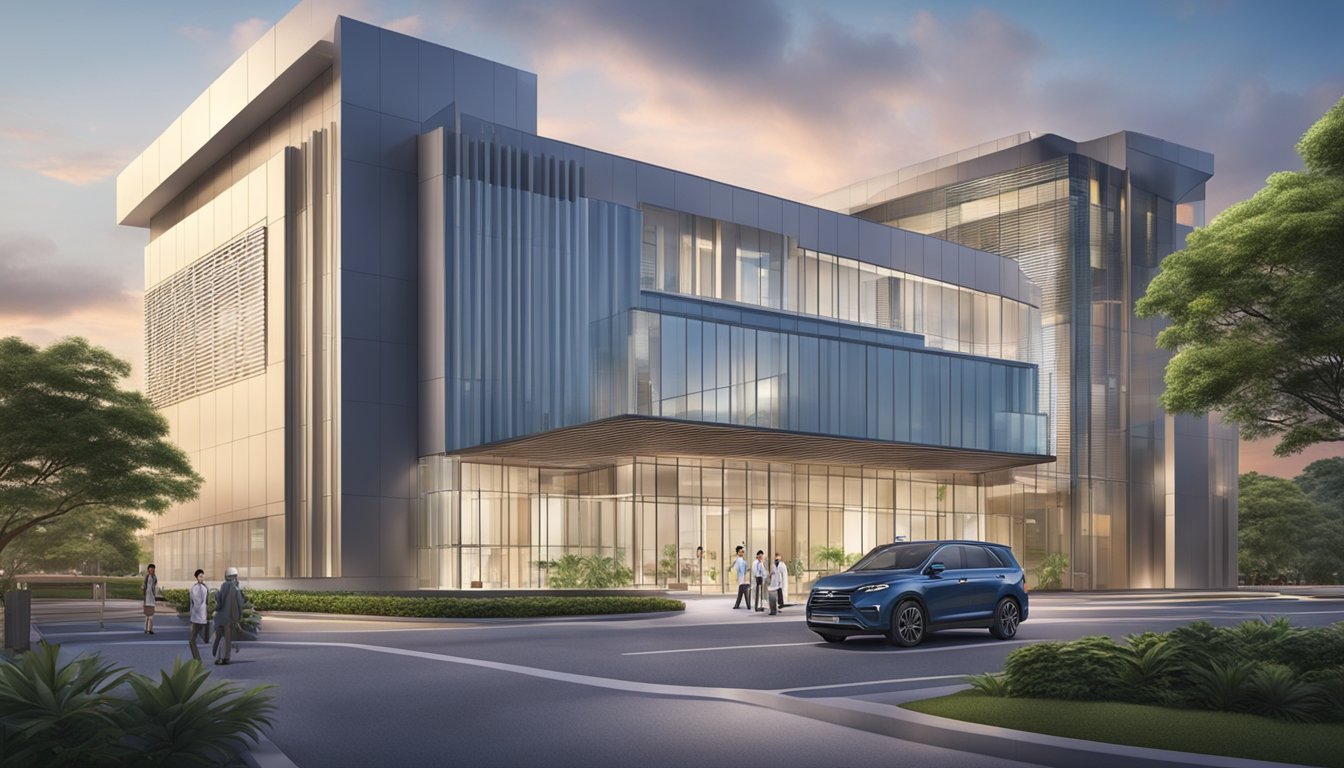 A modern medical facility with a sleek exterior, featuring the sign "Prime Heart Centre @ Orchard" and "Dr Tan Boon Yew - Cardiologist" with operating hours displayed