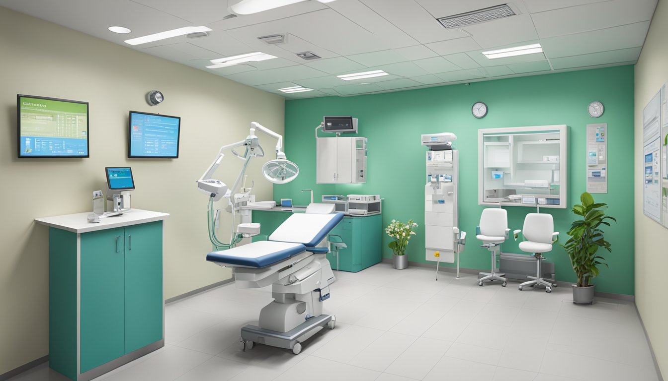 A modern clinic with medical equipment and signage for Dr. Tan Chong Keat, located in Tan Tock Seng Hospital