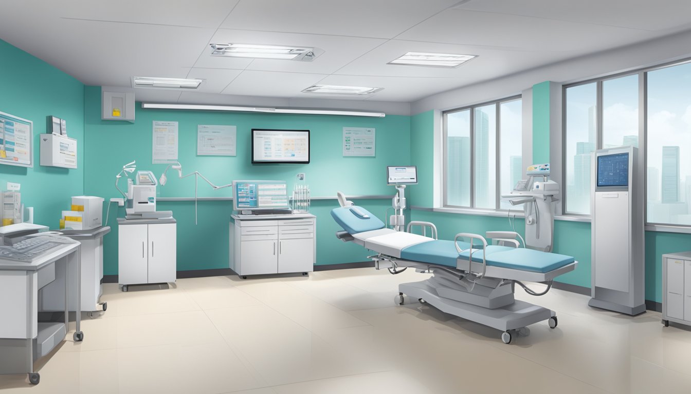 A modern clinic interior with medical equipment and signage for Dr. Tan Chong Keat, Cardiologist at Tan Tock Seng Hospital