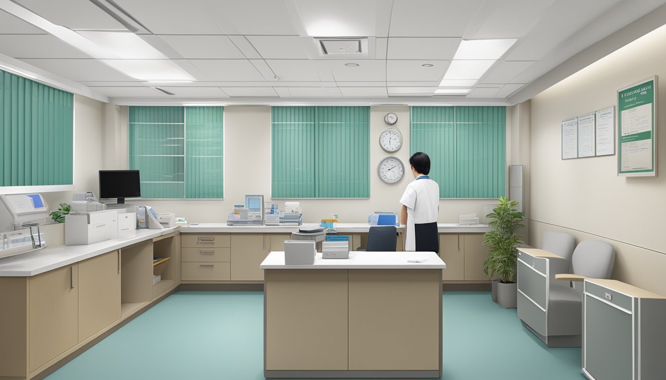 A doctor's office at Tan Tock Seng Hospital with contact information and operating hours displayed