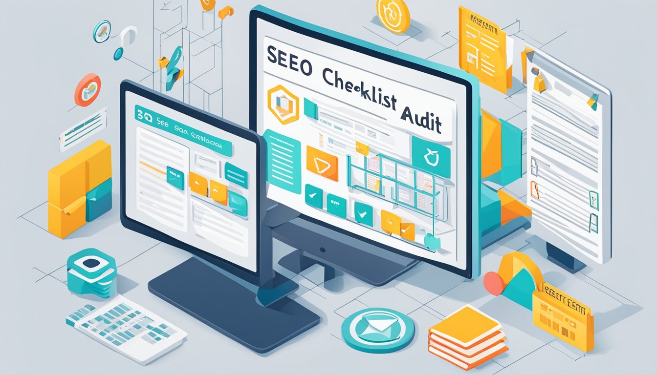 A computer screen displaying a 12-step SEO audit checklist for online stores, surrounded by various website architecture diagrams and notes