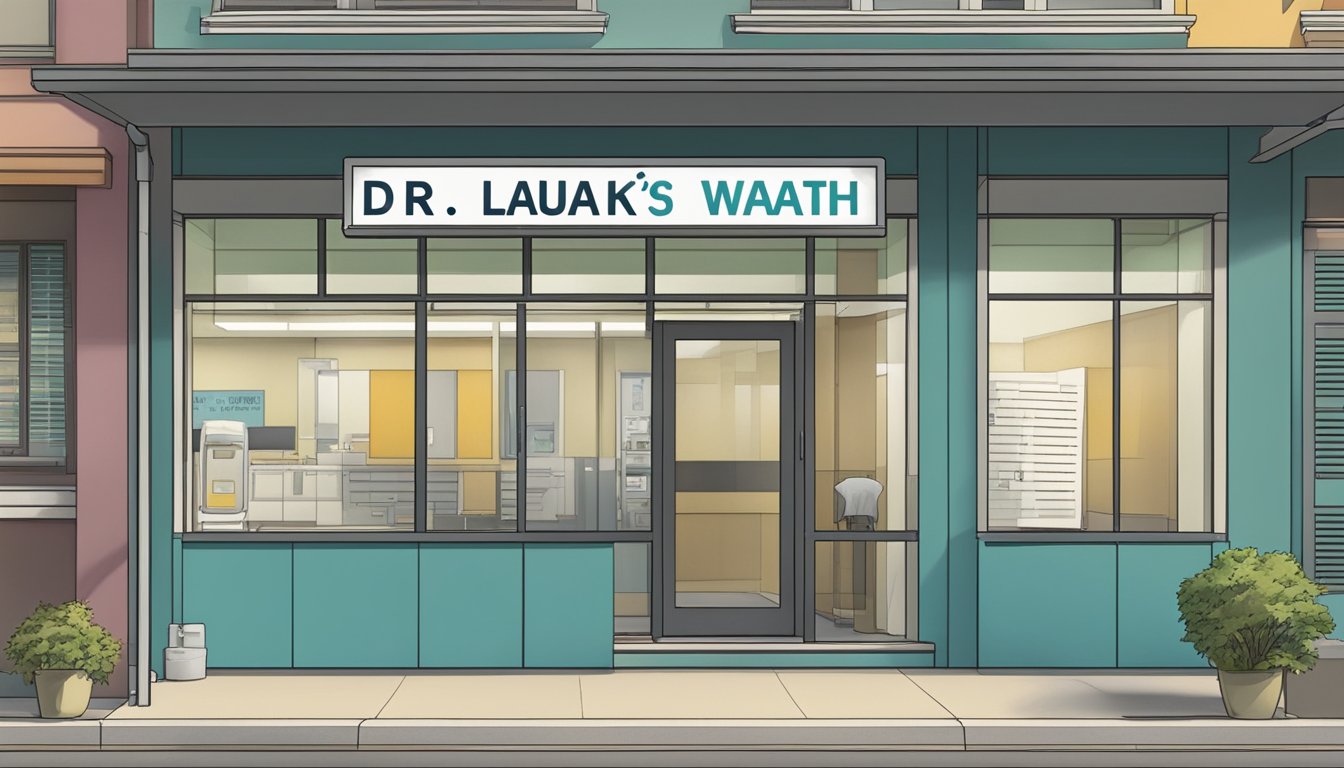 Dr. Lau Kean Wah's clinic exterior with clear signage, open door, and operating hours displayed