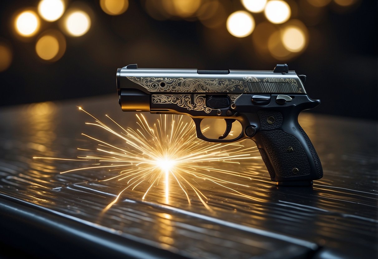 A laser precisely etches intricate designs onto a firearm's metal surface, emitting a bright, focused beam