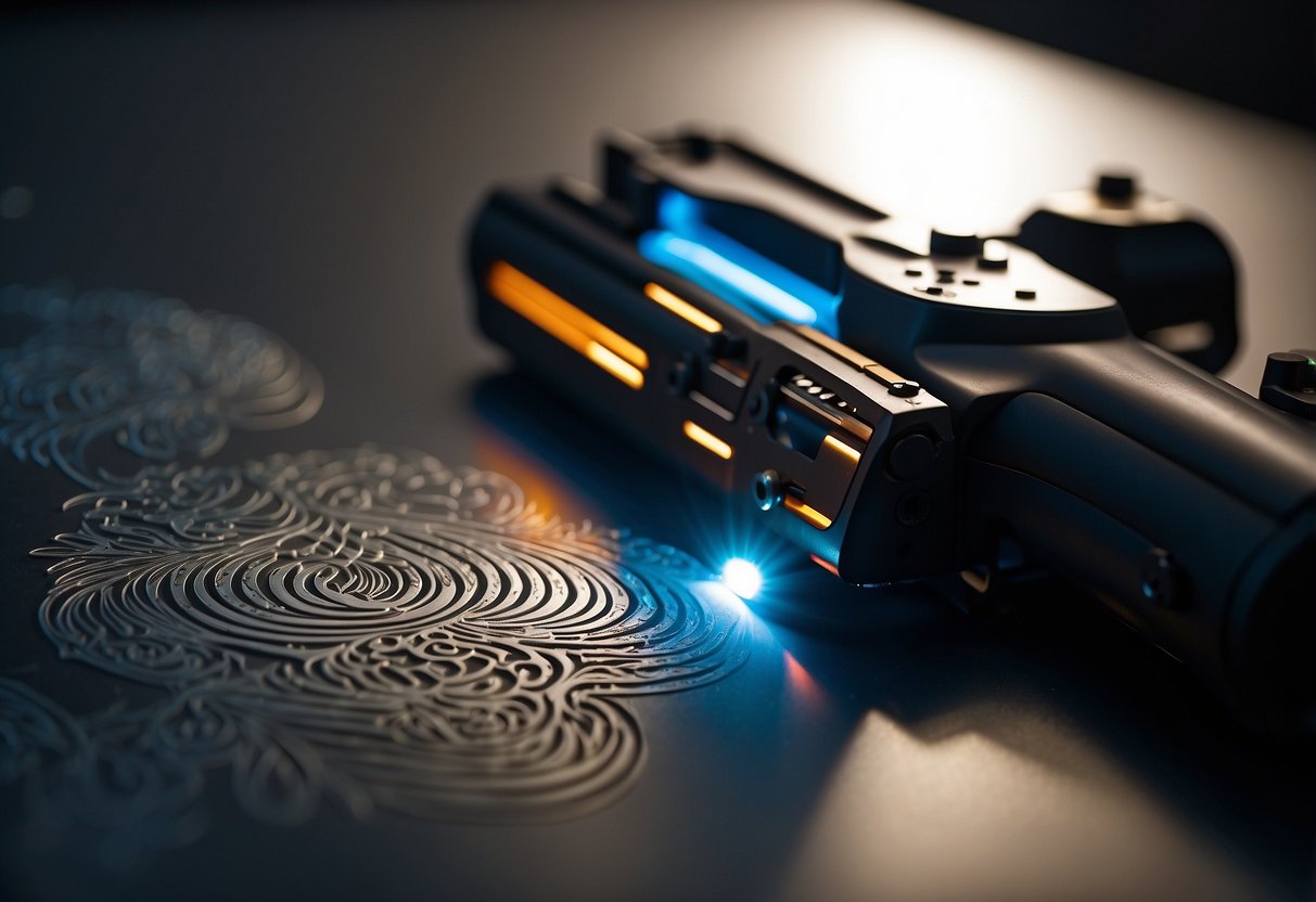 A laser etches intricate designs onto a firearm's metal surface, emitting a bright beam and creating a precise pattern