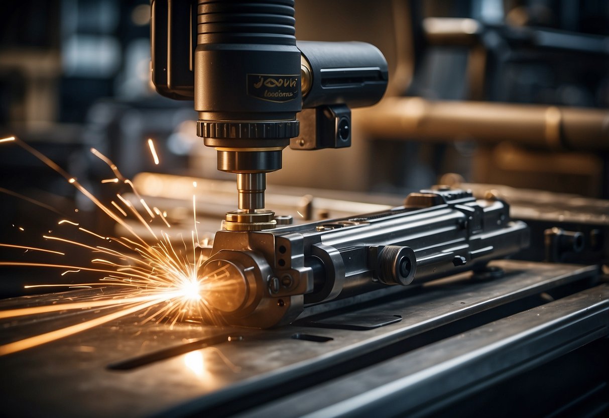 A firearm being engraved with a laser, surrounded by various engraving tools and equipment in a well-lit workshop setting