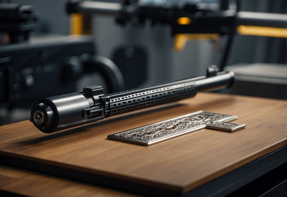 A firearm is placed on a platform, while a laser engraving machine is positioned nearby. The machine is ready to engrave intricate designs onto the surface of the firearm