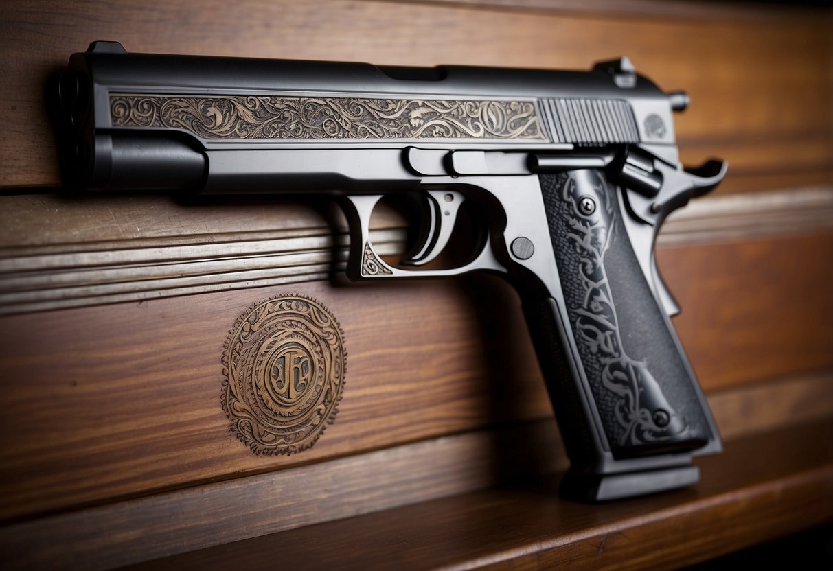 A laser beam precisely etches intricate designs onto a firearm surface, creating a permanent and detailed engraving