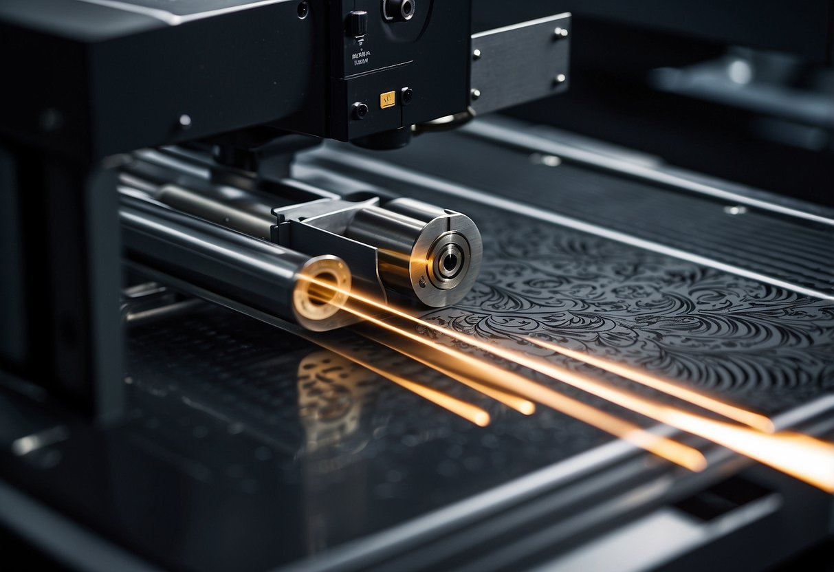 A firearm being carefully positioned under a laser engraving machine, with the laser beam creating intricate designs on the metal surface