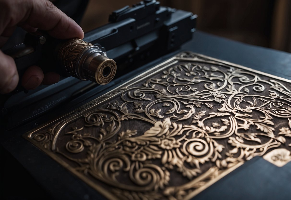 A laser engraving machine etches intricate designs onto a firearm with precision and detail, showcasing the advancements in firearm customization