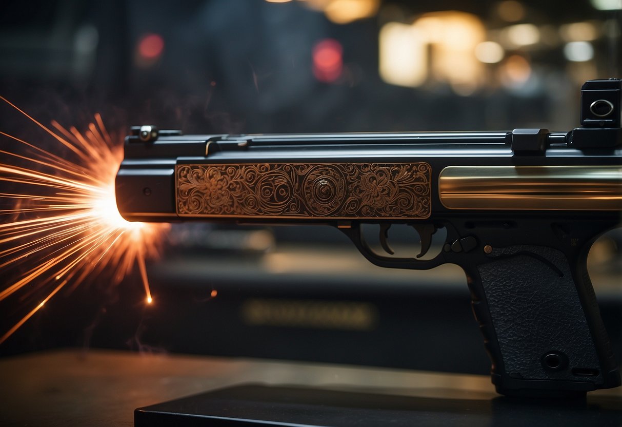 A laser engraving machine etches intricate designs onto a firearm, emitting a bright red beam onto the metal surface. Smoke rises as the machine works, creating a unique pattern on the gun