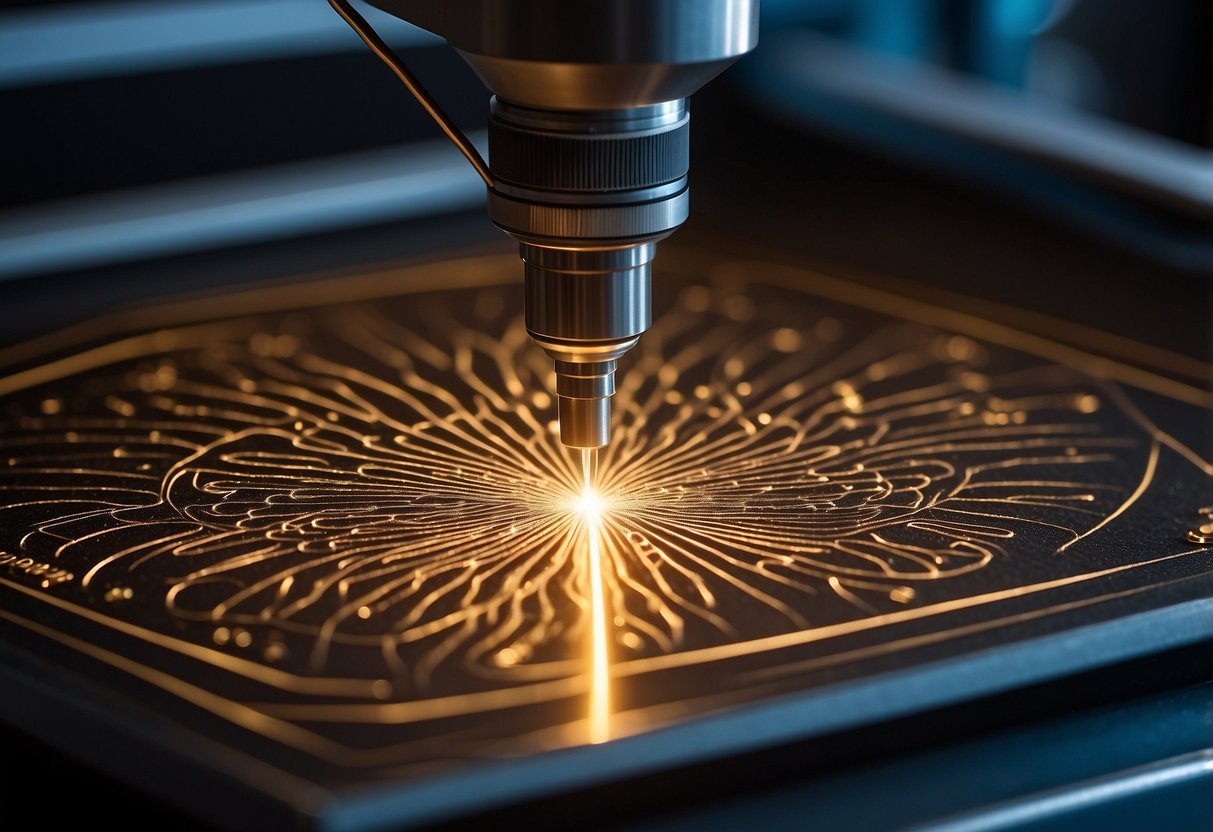 A hand-held laser engraver etches precise patterns onto a metal surface