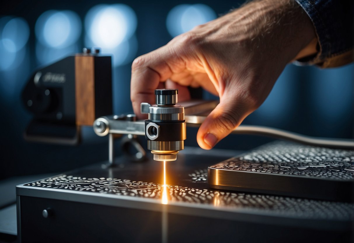 A hand holds a small laser engraver, etching precise designs onto a metal surface. The bright laser beam creates intricate patterns with smooth movements