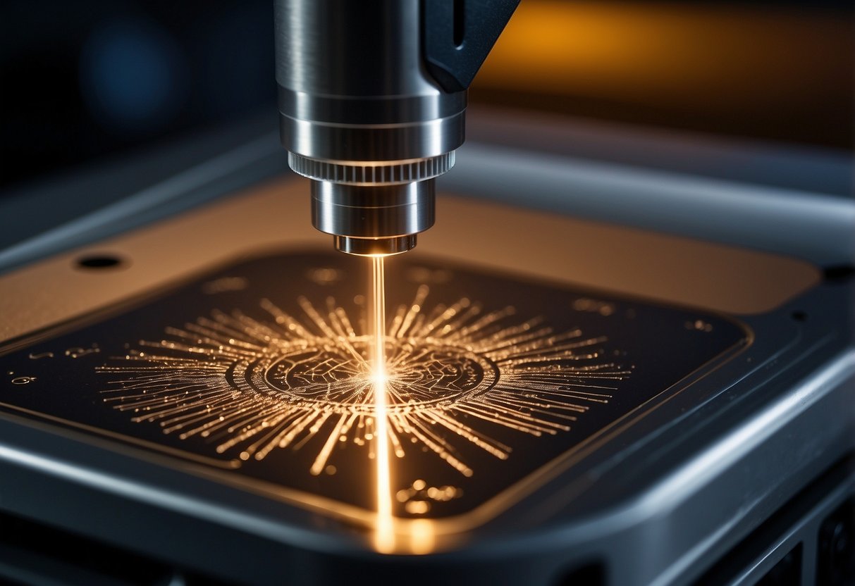 A hand-held laser engraver etches precise designs onto a metal surface using advanced laser technology