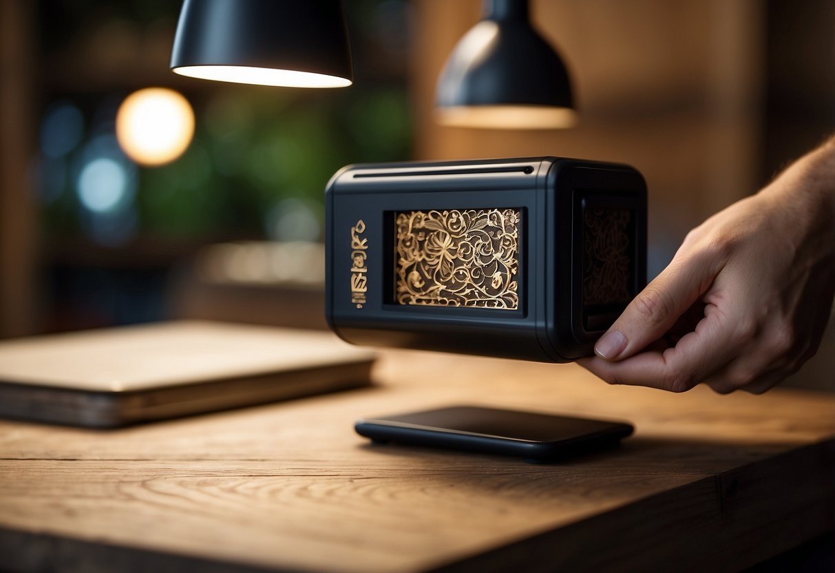 A hand-held laser engraver etches intricate designs onto a wooden surface, emitting a precise beam of light. The device is compact and portable, with a sleek and modern design