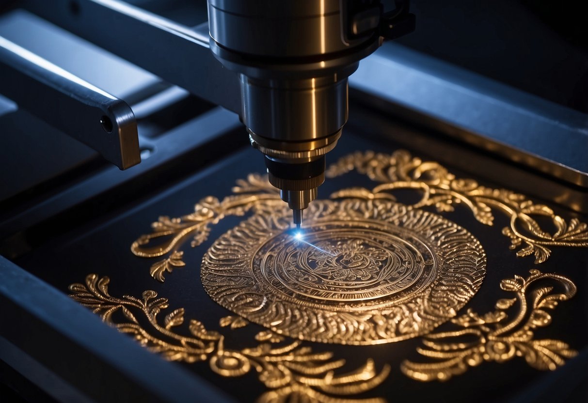 A hand-held laser engraver etches intricate designs onto a metal surface, emitting a precise beam of light and creating a delicate pattern