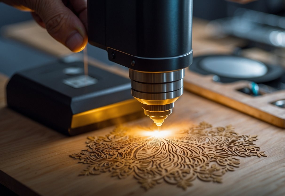 A hand-held laser engraver is shown engraving intricate designs onto various materials, such as wood, metal, and plastic, with precision and ease