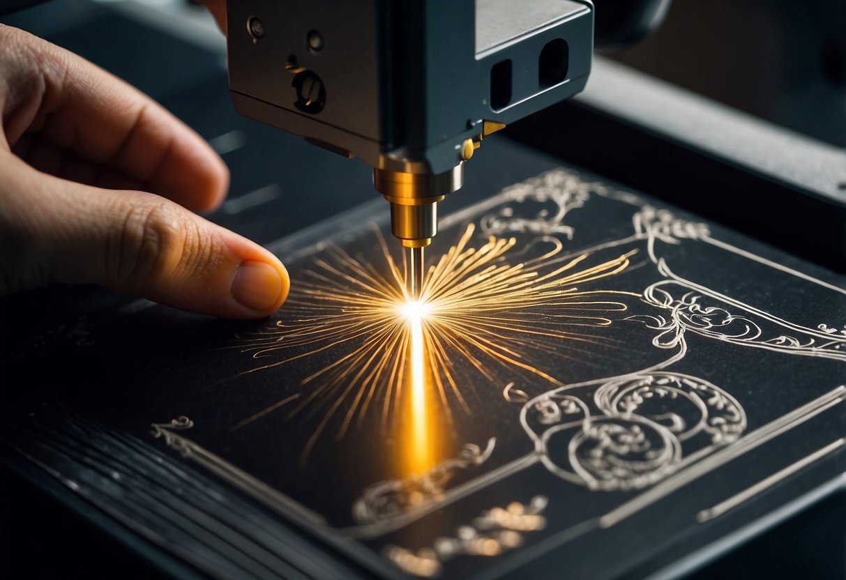 A hand held laser engraver in action, creating intricate designs on a variety of materials with precision and ease