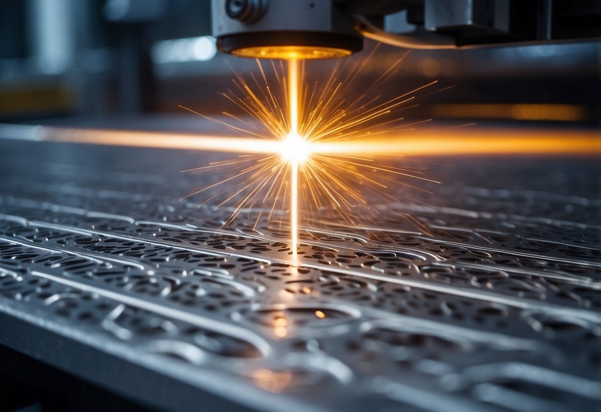 Aluminum sheet positioned under laser. Beam etching intricate design onto surface. Fumes and sparks emanating from process