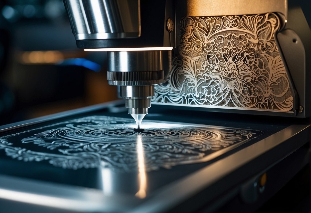 A laser etching machine engraves intricate designs onto aluminum, with various applications and personalized details