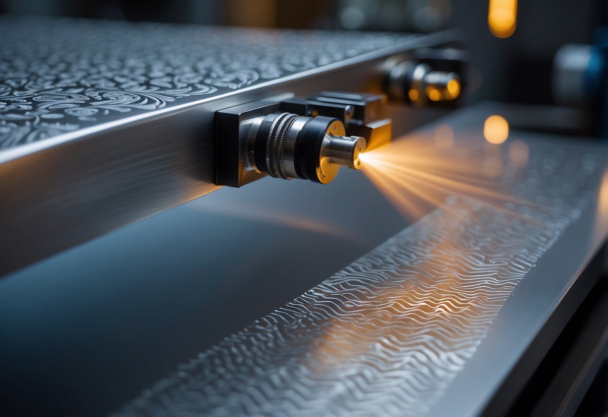 An aluminum sheet being precision-etched by a laser, emitting a focused beam onto the surface, creating intricate patterns and designs