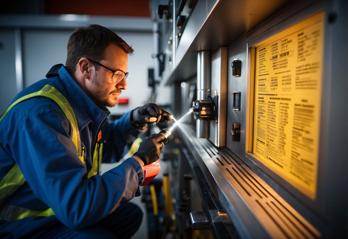 A technician etches safety and maintenance warnings onto aluminum using a laser