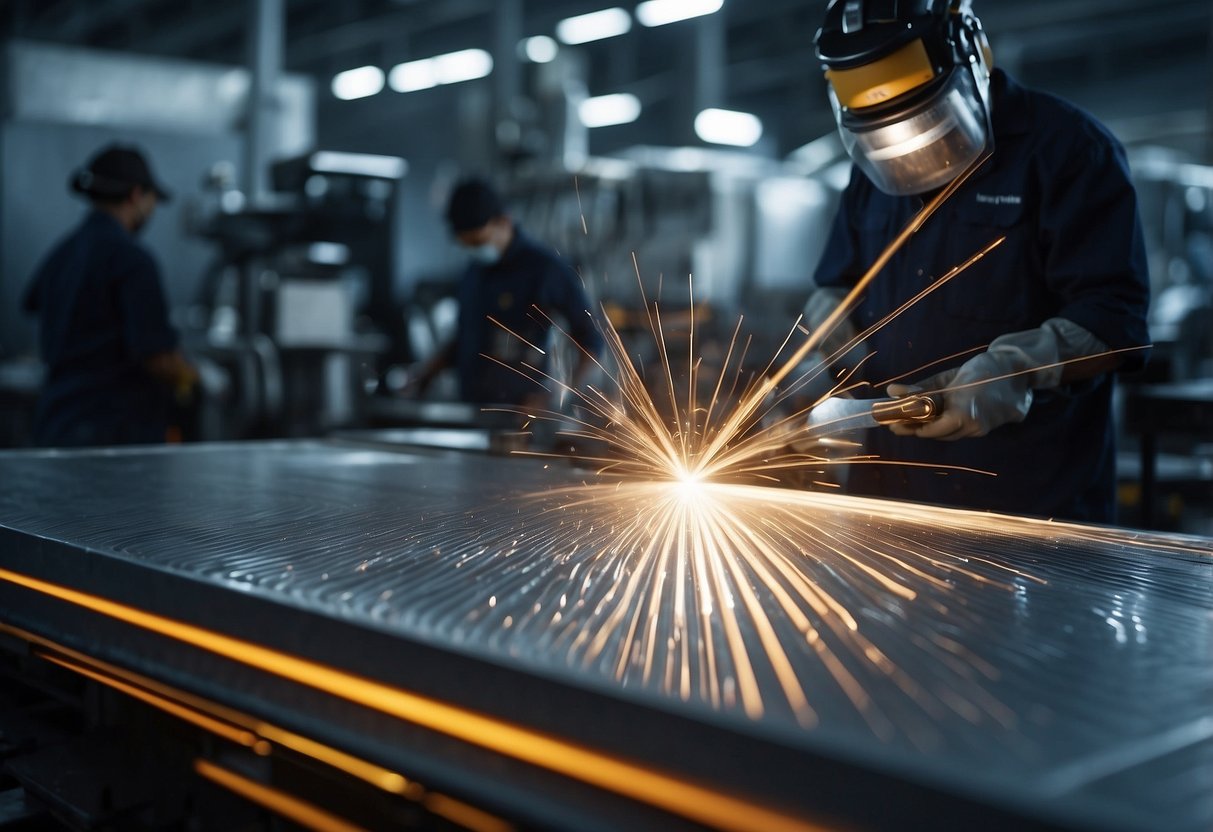 Aluminum sheets being etched by lasers, emitting bright light and producing intricate patterns. Surrounding machinery and workers in protective gear