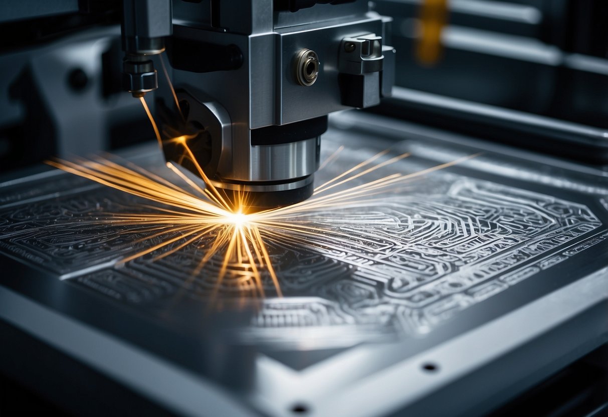 A laser etching machine engraves a detailed design on a flat aluminum surface