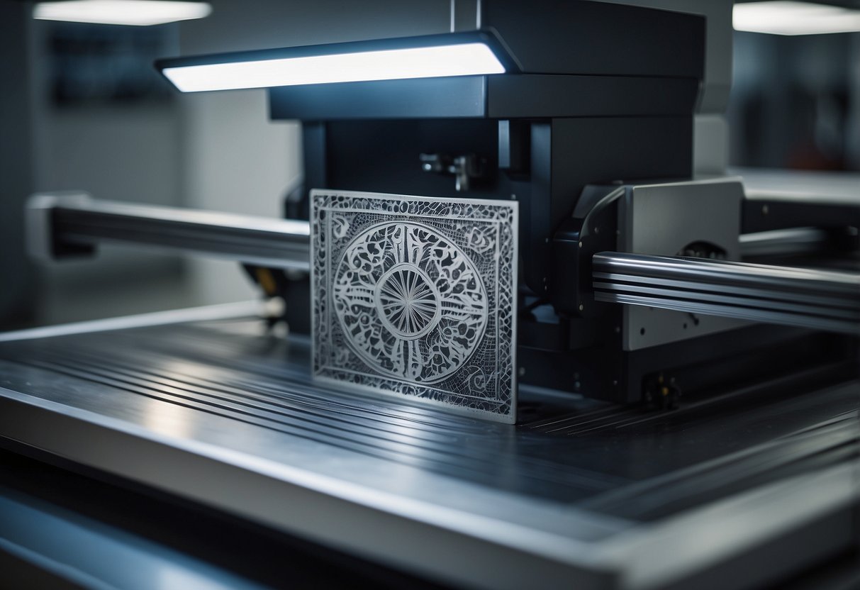 A stone is placed in a laser engraving machine. The machine is adjusted and the design is uploaded. The laser then begins to etch the intricate design onto the surface of the stone