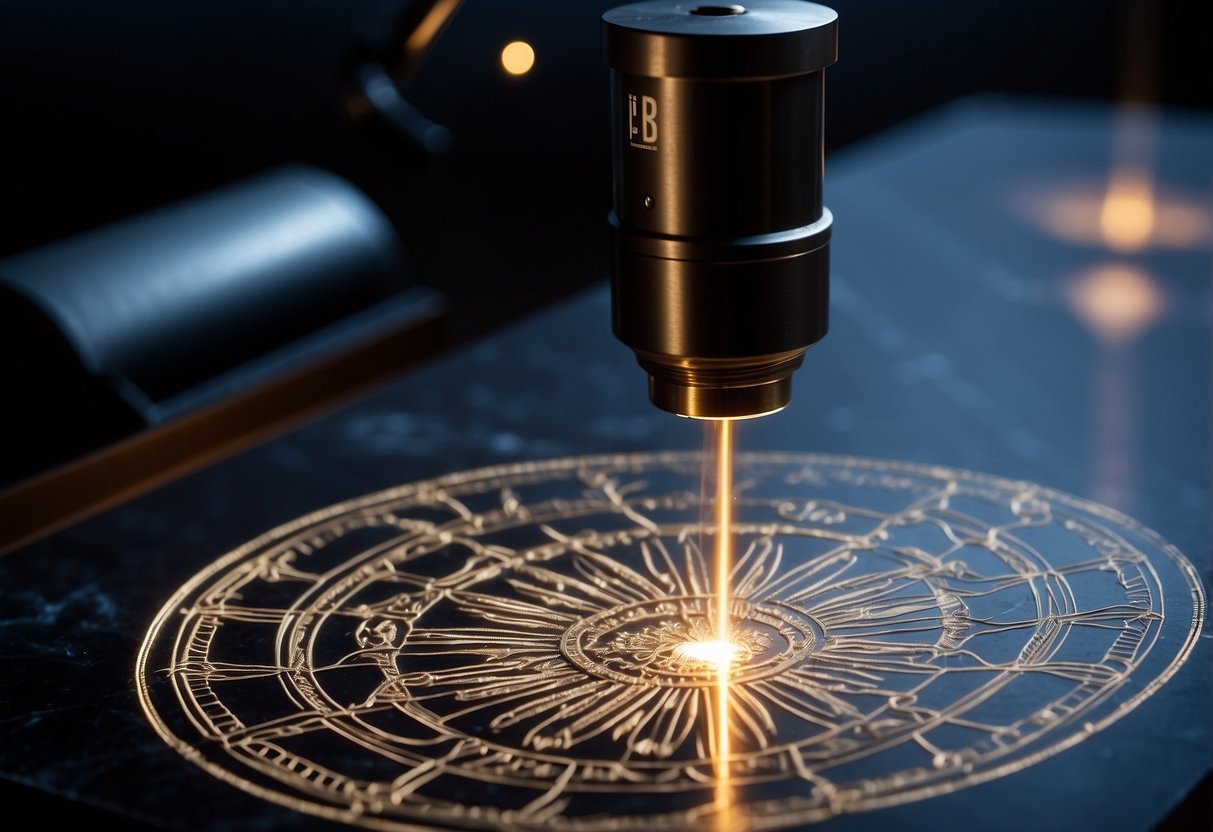 A laser beam etches intricate designs onto a smooth stone surface, creating precise and detailed engravings