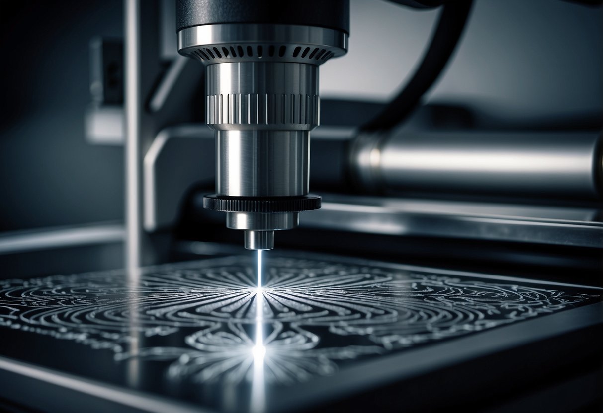 A laser etching machine engraves intricate designs onto a steel surface with precision and accuracy