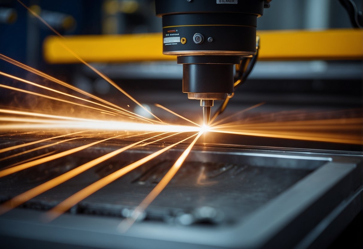 A laser etching machine focuses a high-powered beam onto a steel surface, creating precise designs and patterns through controlled burning and vaporization