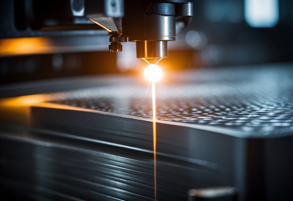 Steel sheet being etched by a laser machine, emitting bright light and producing intricate patterns on the surface