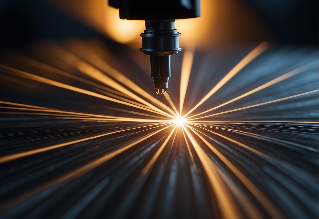 A laser beam cuts through steel, creating intricate patterns and designs through the laser etching process